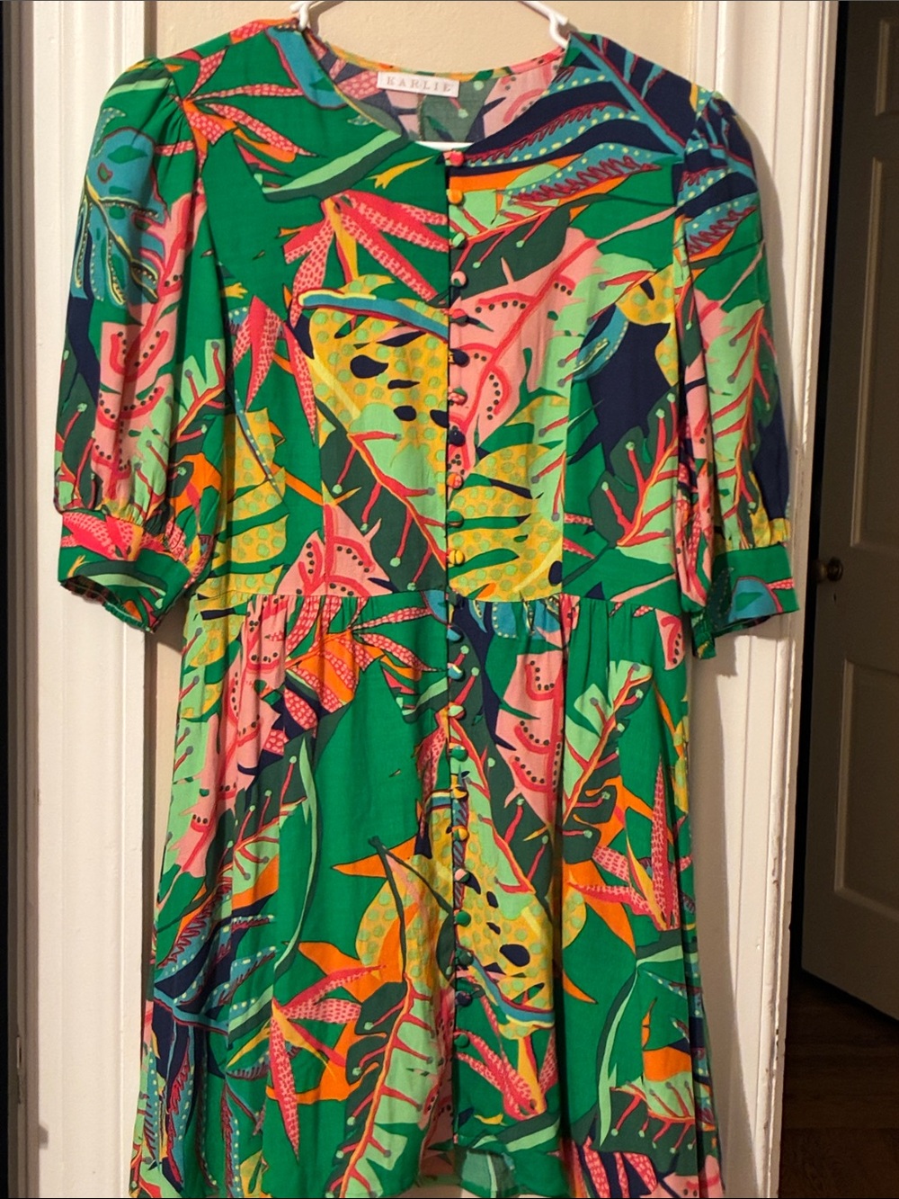 Karlie Pink/Green Tropical-Print Dress